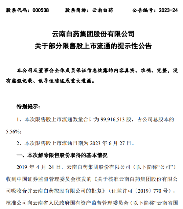 解禁前夕抛出减持计划，云南白药大股东计划最高套现近19亿元