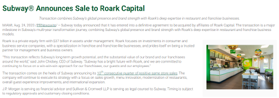 赛百味宣布出售给私募股权公司Roark Capital 据称作价逾90亿美元